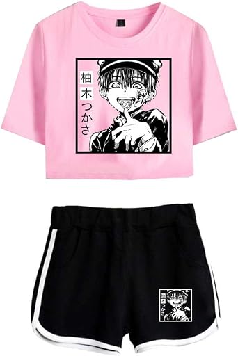 RONGJUN 2 Piece Hanako Kun Outfits for Women Girls Short Sleeve Crop Top and Short Pants Sets