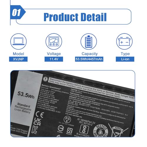 Image of 53.5Wh XVJNP Laptop Battery Replacement for Dell Latitude 5430 Rugged Latitude 7330 Rugged Series 6JRCP 06JRCP M0TN3 0M0TN3 KD1CT 451-BCWQ 11.4V