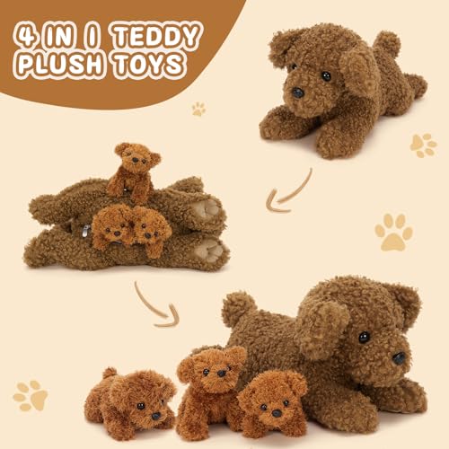 MorisMos riesen Pudel Teddyhund Kuscheltier XXL mit 3 welpen im Bauch, 47cm groß Pudel Hund Plüschtier Stofftier Kuscheltiere, Geburtstag Weihnachten Geschenk Kinder Baby