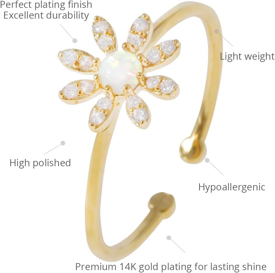 MUSTHAVE Floral Opal Adjustable Ring 18K Gold Plated Brass, Dainty Flower Opal Ring with CZ, Minimalist Jewelry Gift for Her, Dainty Jewelry Gift, Message Card, Birthday, Anniversary (Yellow Gold) - Image 3