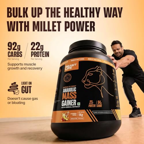 Image of BeastLife High Protein Mass /Weight Gainer | 1 KG | Strawberry Banana | NABL LAB Tested | For Muscle Gain & Fast Growth | Cereal-Based Formula, No Maltodextrin | India's #1 Cereal Based Bulk Gainer