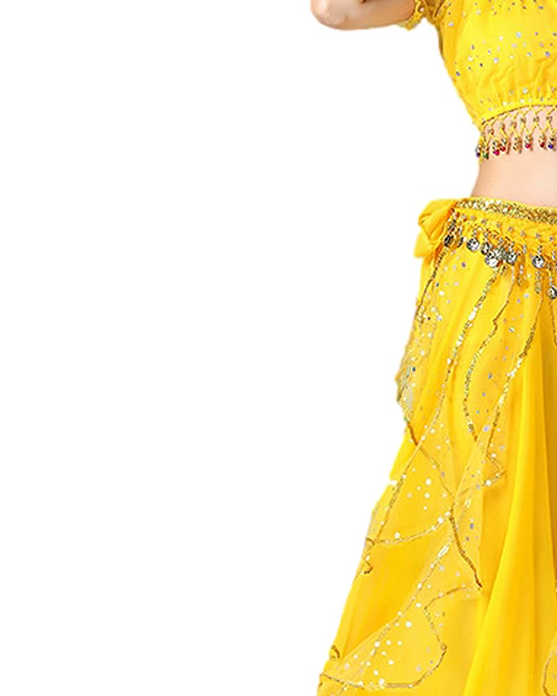 Bollywood Indian Womens Arabian lace Ribbon Belly Dance 3-Piece Dress Girl Costume (top/Skirt/Belt Scarf) (Yellow, M) - Image 3