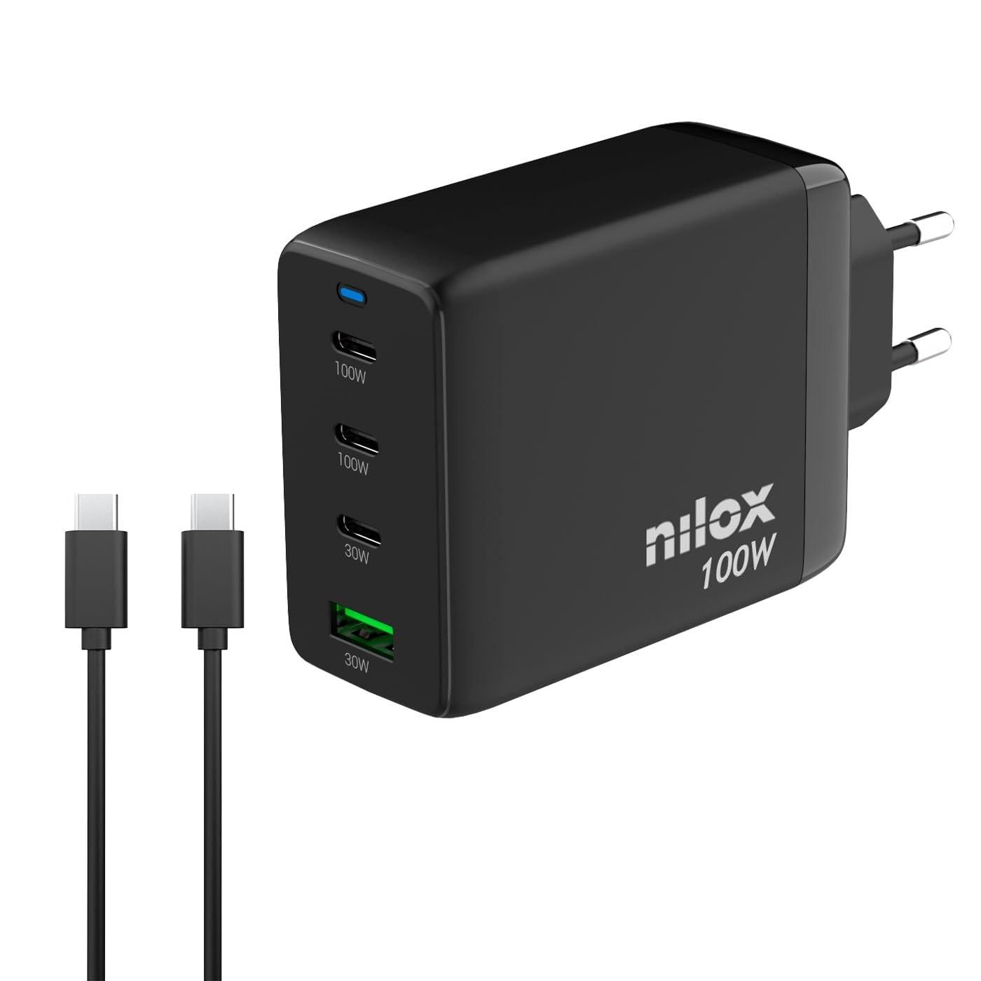 Nilox, Caricatore Universale con 3 porte di tipo C e 1 di tipo A da 100W, Con Cavo di 2m USB-C, Protezione da Cortocircuiti, Sovrattensioni e Sovraccarichi, Nero