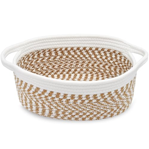 Image of ABenkle Small Basket with Handles, Boho Decorative Rope Woven Dog Cat Toy Storage Bin Shelf Storage Organizer, Easter Christmas Gift Basket, 12 inchx8 inchx5 inch
