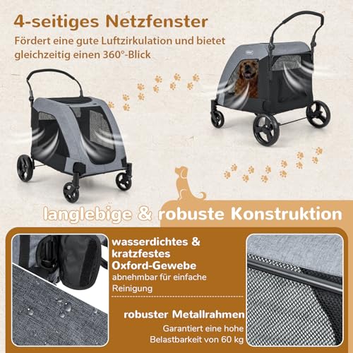 COSTWAY Hundewagen, Hundebuggy klappbar, bis 60 kg, Haustierwagen mit Vordertür & Netzfenstern & Griff, Haustiere Buggy Hundetrolley, für mittelgroße große Hunde Katzen, Grau, 67x98x121cm