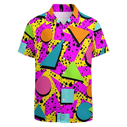 KyywDns Camisa Vintage Retro Hawaiana de Playa, Rosa Geométrico de Los Años 80, L