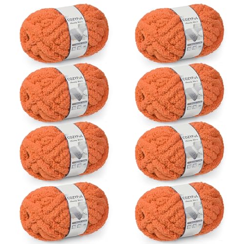 Cozyful Chunky Yarn for Hand Knitting - #10 Chunky Chenille Yarn Jumbo Big Thick Chunky Yarns for Crocheting Super Bulky Chunky Knit Blanket Yarns 8 Skein (22 yds 8 oz Each Skein) Pumpkin Orange