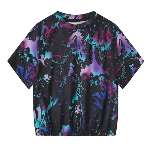 Girl's Ink Splatter Printed Crop Tops Tee Vintage Short Sleeve Crewneck T Shirt Fashion Shirts Tee