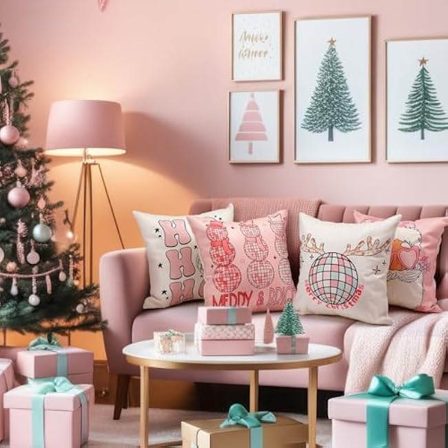 4 Pcs Preppy Pillow Cover - Pink Disco Ball Christmas Decorative Pillowcase - Cute Santa Snowman Girly Winter Decor for Sofa Couch Bedroom - 18 x 18 Inch