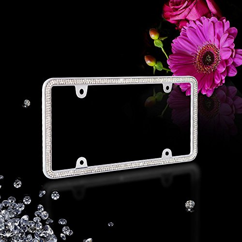 Shining Double Row Crystal Metal License Plate Frame+Free Screw Caps (White) #TOP3