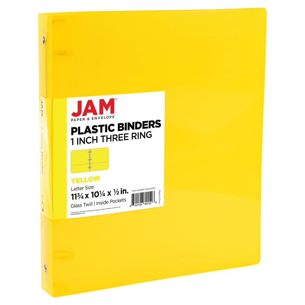 JAM PAPER Plastic 1 inch Binder - Yellow 3 Ring Binder - Sold Individually