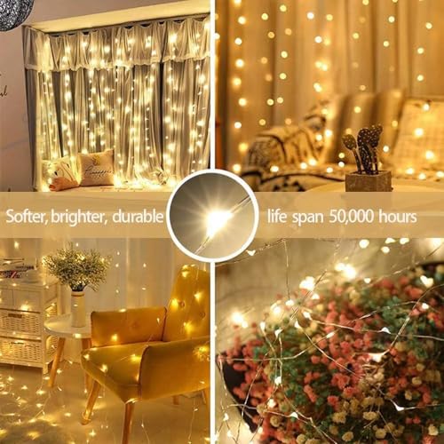 Luz de LED Cortina, 3 metros, 100 LEDs, à prova d'água, luz de cortina USB, fio de cobre, cordão de