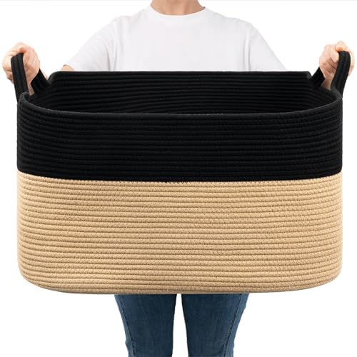 Goodpick Woven Basket for Storage 65L, Blanket Basket for Living Room Home Décor,Rectangle Rope Laundry Basket with Handles Large Toy Storage Basket for Baby, Kids, 21.6″ x 14.9″ x 11.8″