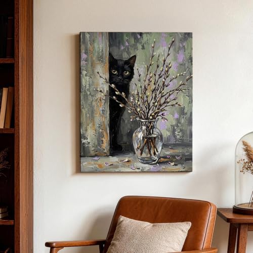 Lienzo de gato de primavera y flores para un hogar con encanto abstracto 3