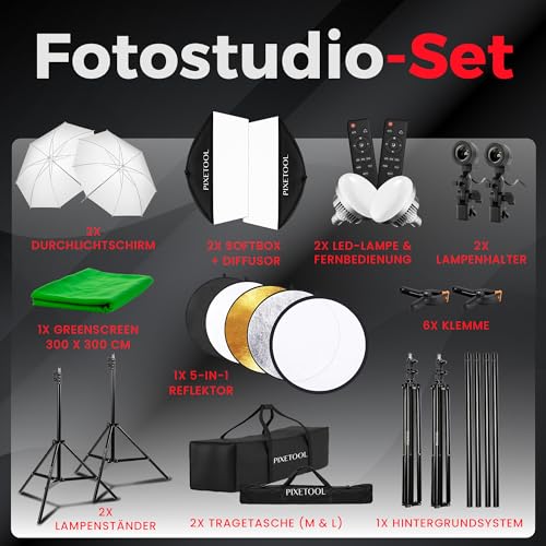 PIXETOOL Fotostudio Set - Greenscreen (3 x 3 m) mit Ständer (3 x 2,6 m) - Softbox mit Lampen Set - Green Screen Fotohintergrund - Reflektor - Studiolicht Fotolampe - Streaming Fotografie Hintergrund