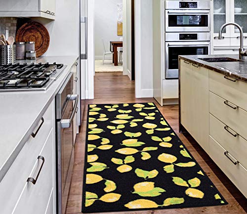 Machine Washable Lemons Design Non-Slip Rubberback 2X5 Kitchen Runner Rug For Kitchen, Hallway, Living Room, Bar, 20" X 59", Black #TOP6