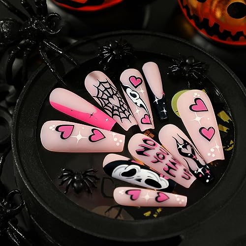 Clataly Halloween Demon Pumpkin Ghost False Nails Bloody Heart Flowing Clown Fake Nails Stars Moon Artificial Nails Press On False Nails (E) - Image 2