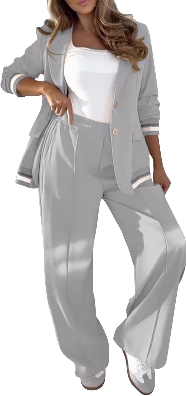 Women's Two-Piece Suit Set, Business Casual Loose Jacket Paired with Wide-Leg Trousers, Notch Lapel Suit Set
