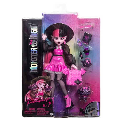 Image of Monster High Draculaura Doll with Pet Bat-Cat Count Fabulous and Accessories Like Backpack, Spell Book, Bento Box and More