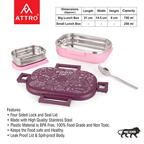 Image of Attro Food Time Stainless Steel Lunch Box, Airtight & Leak Proof - 2 Containers with Spoon (Big 750 Ml & Small 250 Ml) for Office Use, School, Picnic - Purple & Pink