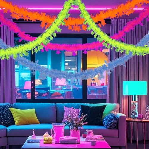 KARLOR UV Garland Set 4 Pieces 2M Neon Strips with Star Decoration Fluorescent Party Decorations Blacklight Glow Party Macarons Garlands Strips Decor Glowing under UV Light