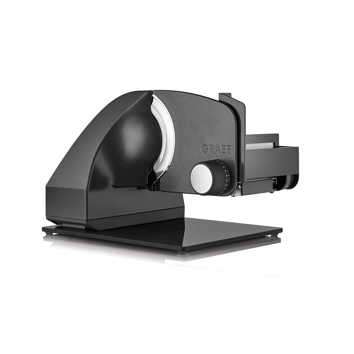 GRAEF. Master M95 - Elektrischer Allesschneider, Made in Germany, Kippbar 30°, Vollstahlmesser 170 mm für feinste Schnitte, Schnittstärke 0-20 mm, 170 W, Vollmetall, Messerschärfer, Eisenglimmergrau