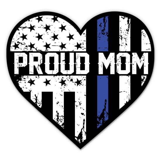 Proud Mom Heart Blue Line Flag Sticker - 5" Laptop Sticker - Waterproof Vinyl for Car, Phone, Water Bottle - Support Police Decal