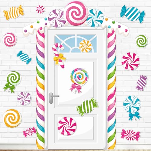 Image of Funrous Candyland Party Decorations Colorful Candy Lollipop Porch Banner Door Sign Candyland Hanging Backdrops Photo Booth Props for Birthday Baby Shower Outdoor Indoor Porch Decor(Pink,Candy)