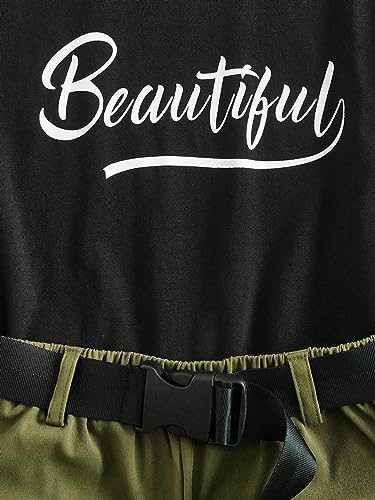 Image of SHENHE Girl's 2 Piece Outfits Short Sleeve Graphic Tee and Belted Cargo Shorts Set Green and Black 9Y