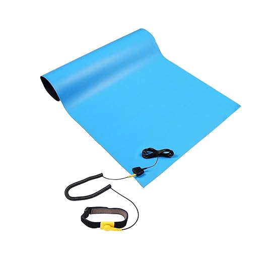 Anti Static Mat ESD Table Mat Kit – 17”x25” Workbench Grounding Mat with Terminal Ground Cord & Adjustable Wrist Strap for Electronics Repair, Soldering, PC, Circuit Boards (Blue)