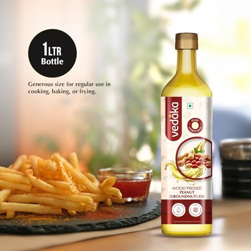 Image of Amazon Brand - Vedaka Wood Pressed Peanut Oil 1L | Cooking Oil | Groundnut Oil | Kolhu, Kacchi Ghani, Mara Chekku, Ganuga | Rich Aroma & Flavour Of Groundnuts