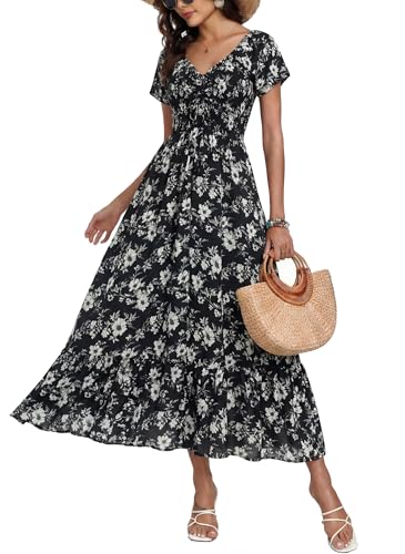 Image of Summer Smocked Boho Maxi Dress for Women 2026 Short Sleeve Floral Smocked Flowy Ruffled Beach Vacation Dresses Lightweight