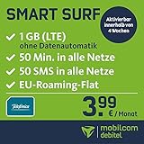 mobilcom-debitel Smart Surf mit 1GB LTE Internet Flat Max. 21 Mbit/s, 50 Frei-Minuten & 50 SMS in Alle Deutschen Netze, EU-Roaming, 24 Monate Laufzeit, monatlich Nur 3,99 EUR, Triple-Sim-Karten