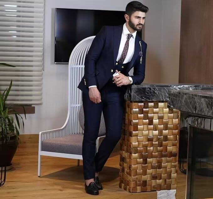 Men's Suits 3 Piece Solid Color Peak Lapel Slim Fit Formal Groomsmen Wedding Prom Blazer Jacket Vest and Pant3