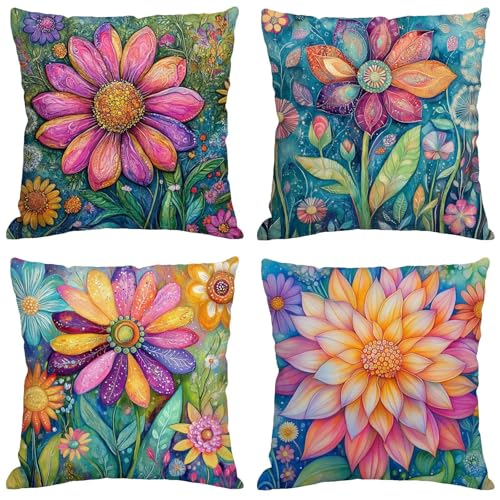 Funda Cojin 70x70 cm Floral Fundas Cojines Planta Juego De 4 Cojines Exterior Impermeable Lino Funda Almohada con Cremallera Invisible, Decorativos Jardín Camping Patio Terraza Sofá Silla Coche m-315