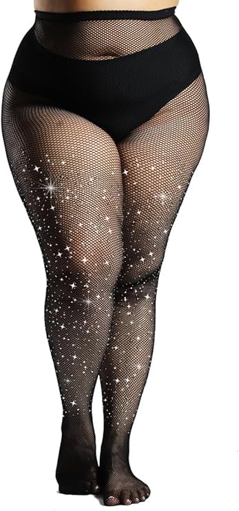 Women Plus Size Fishnet Stockings for Women Sparkly Rhinestone Fishnet Tights Glitter Fish Nets
