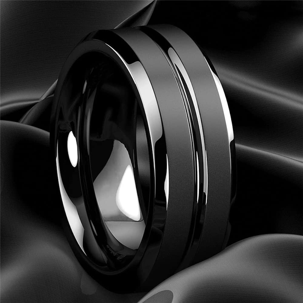 ZENSE - Bague homme en acier noir mat avec rainure ZR0170