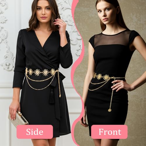 Western Chain Belt for Women, Sun Boho Gold Waist Belt, Multi-layere Tassel Waist Chain Belts,Waists Jewelry for Women Dress Jeans Festival Outfits Prom2