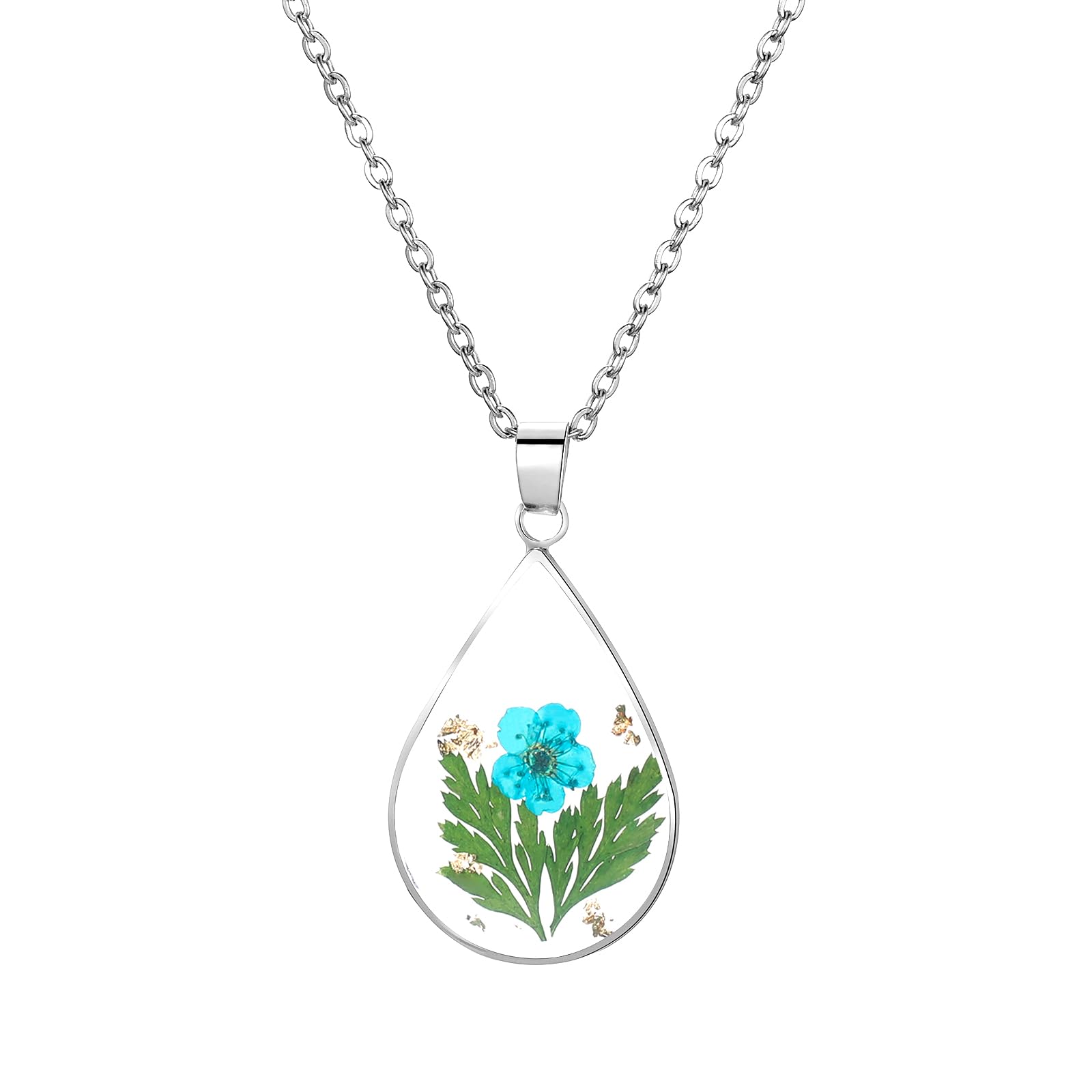 MOLUONAQI Birth Flower Necklace, Teardrop Flower Necklace - Pressed Flower Necklace, Birth Month Flower Necklace, Handmade Resin Necklaces, Flower Girl Gifts, Birthday Gift Necklace 18", Brass,