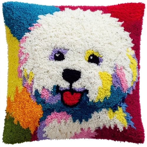 AxiangziK Kit de gancho para pestillo para cojín,Perro Bichón Frisé kit de cierre de gancho completo,actividad creativa para principiantes,43x43cm