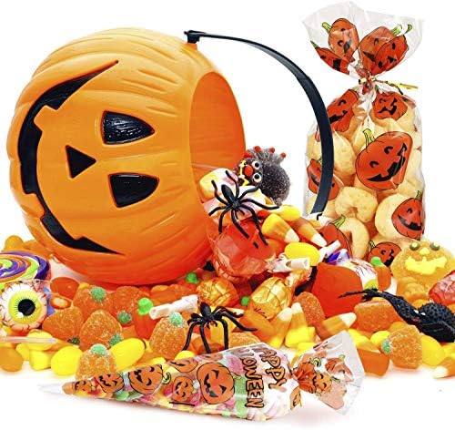 RFWIN 100Pcs Pumpkin Cone Bag Halloween Clear Cellophane Treat Bags, Party Favor Bags with Gold Twist Ties for Candy Cookies