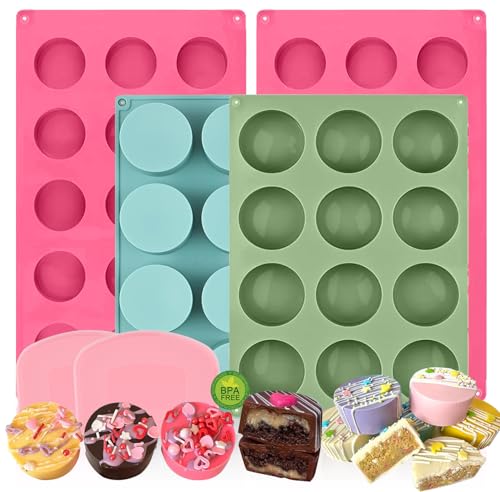 4 PCS Cake Puck Mold Set 2 Different Sizes Chocolate Covered Cake Silicone Molds 15 Cavity&12 Cavity Round Cake Pop Molds with 2 Spatulas for DIY Cake Cores Cakepucks Chocolate Desserts