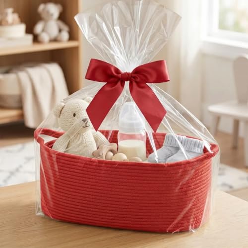 Image of Large Woven Gift Basket Empty, Red Cotton Rope Storage Bin with Handles, Dog Toy Box, Baby Nursery Organizer Bin, Decorative Shelf Basket, Blanket Storage, Room Decor, Red, 19.6 inchx11 inchx7.8 inch