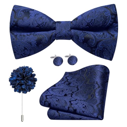 Image of Dubulle Mens Paisley Striped Bowtie Set Pre-tied Bowtie for Men and Pocket Square Set Wedding Business
