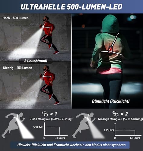 Topward Lauflicht, Lauflampe Joggen Brustlampe, 500 Lumen wiederaufladbar per USB-C, 90°verstellbarer Abstrahlwinkel, 360°reflektierendes Band, wasserdicht, einstellbar, Laufen Licht Jogger Lampe