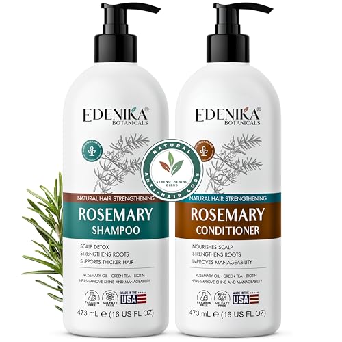 Edenika Botanicals Rosemary Oil Shampoo & Conditioner Set with Biotin for Thinning Hair & Anti-Hair Loss, Strengthening Botanical Formula, Women & Men, Sulfate-Free, Organic, 16 fl oz Each