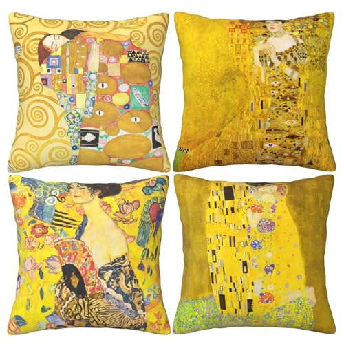 HOSTECCO Juego de 4 Fundas de cojín Amarillas Gustav Klimt Painting The Kiss Fundas de Almohada cuadradas Decorativas para sofá Cama 45 x 45 cm