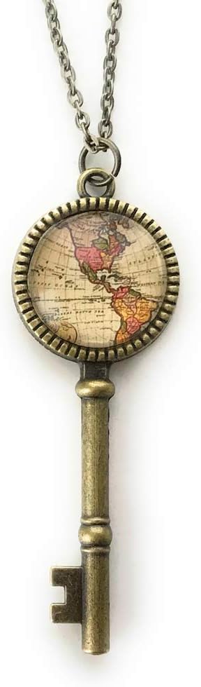 World Map Key Necklace for Women - Traveler Gift - Wanderlust - Handmade