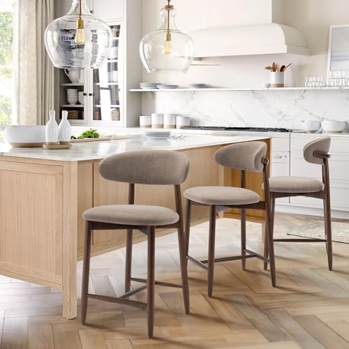 Image of COLAMY Bar Stools Set of 3, Counter Height BarStools with Back, Mid Century Modern Upholstered, with Wood Legs for Kitchen Island Dining Room, Camel