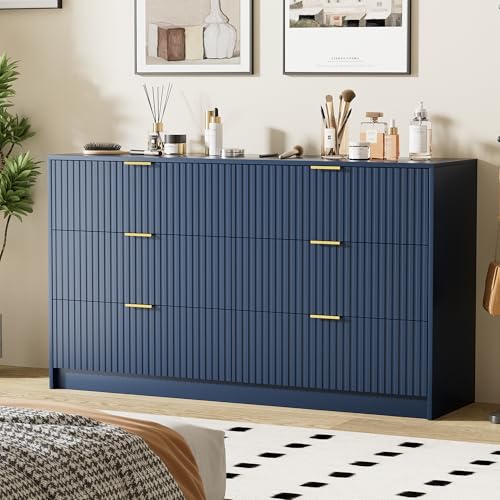 Image of Furniway Navy Blue Dresser for Bedroom, Modern Dresser with 6 Drawers and Smooth Slides, Wide Chest of Drawers with Golden Handles for Bedroom, Living Room, Closet, 15.7 inch D x 55.1 inch W x 31.4 inch H